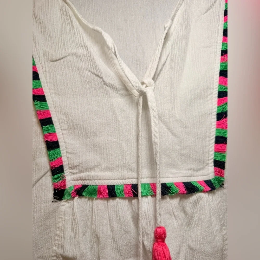 J. Crew MEDIUM Tunic Cover Up White Crepe Colorful Front V Neck Tassels Beach